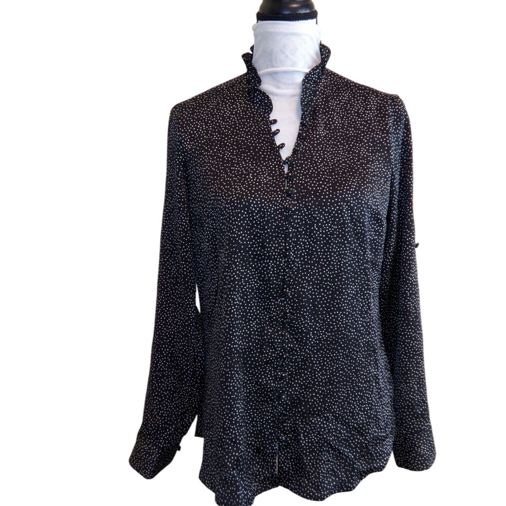 EXPRESS Blouse Long Sleeve Black Dotted  Lightweight Button Front Medium